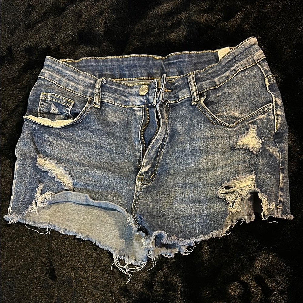 SHEIN Blue Distressed Jean Shorts with Frayed Hem
